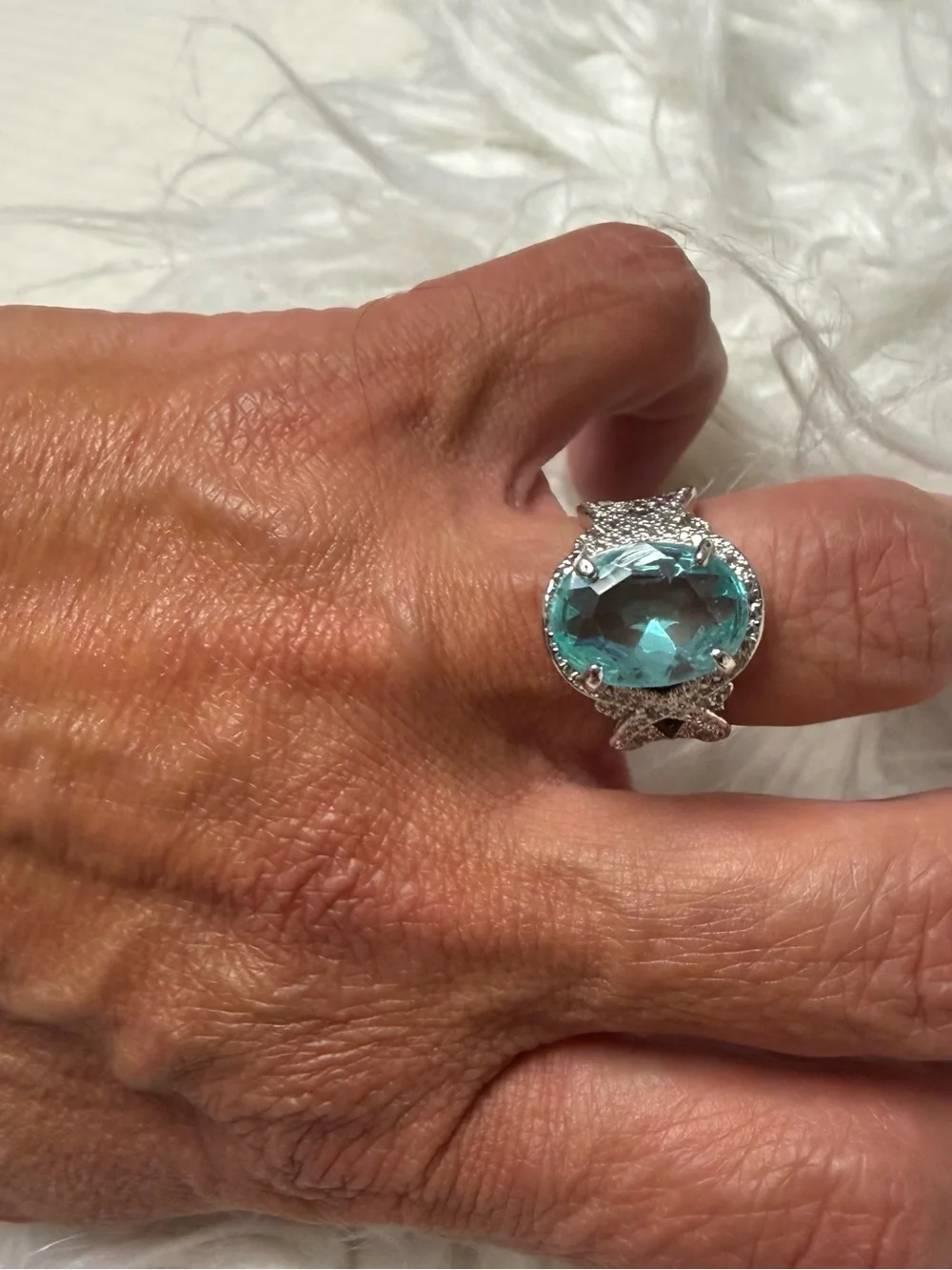 Silver Halo Ring with Teal Gemstone - Women Jewelry